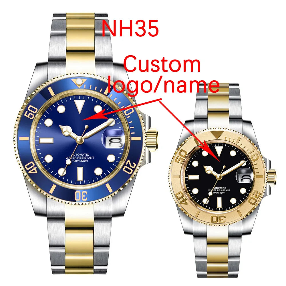 Montre de luxe automatique pour homme, modèle japonais NH35 MIYOTA 8215, bracelet en or bicolore, cadran bleu soleillé stérile, verre saphir