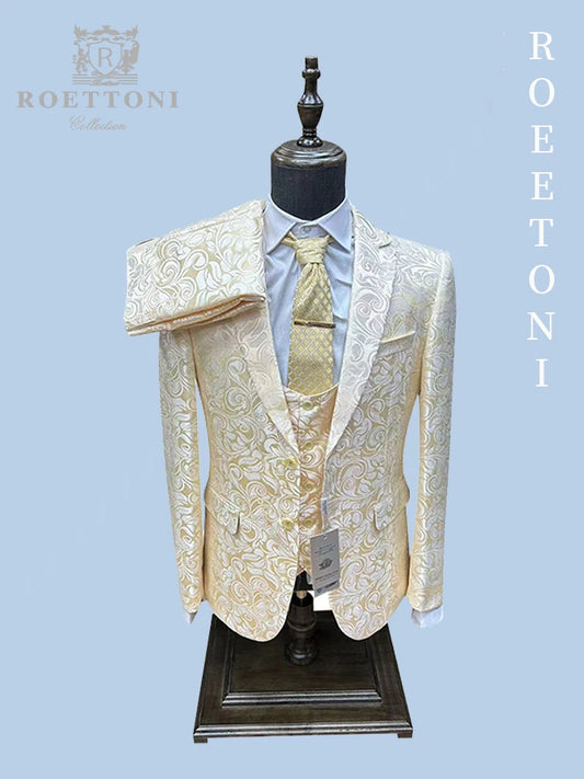 Costume de mariage trois pièces pour hommes, manteau + gilet + pantalon, imprimé blanc ivoire