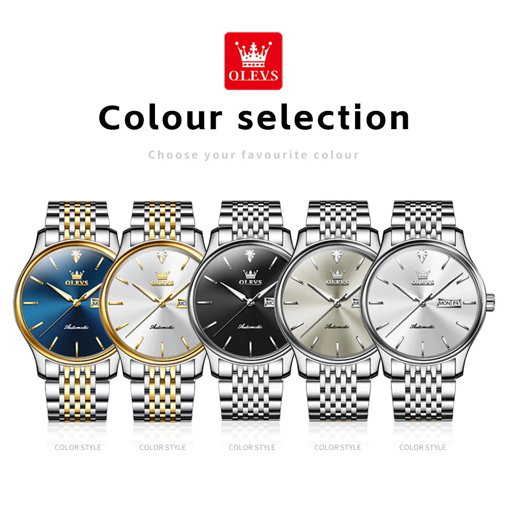 Montres de luxe originales OLEVS pour hommes, mécanique entièrement automatique, étanche, lumineuse, double calendrier, en acier inoxydable