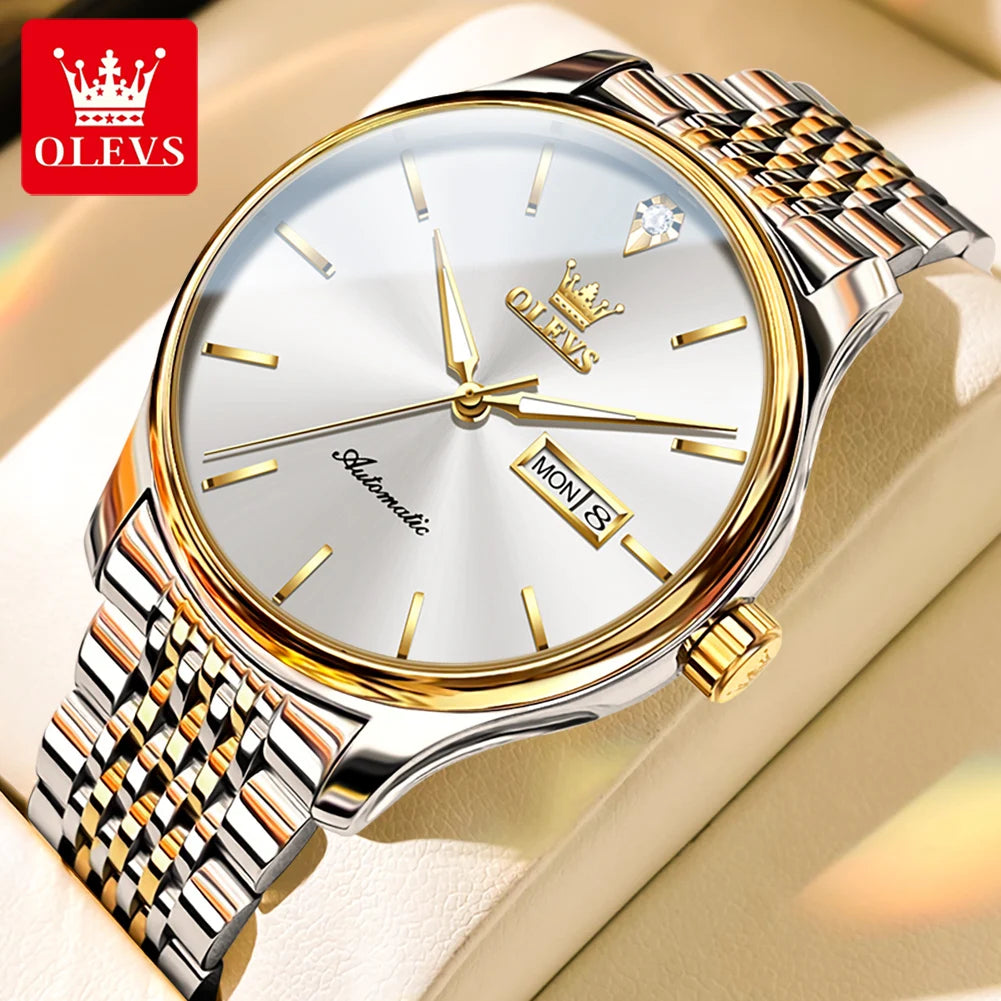 Montres de luxe originales OLEVS pour hommes, mécanique entièrement automatique, étanche, lumineuse, double calendrier, en acier inoxydable