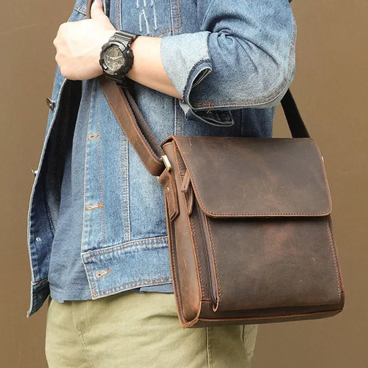 Sac messager vintage à rabat en cuir Crazy Horse pour homme, sac à bandoulière en cuir véritable, de haute qualité