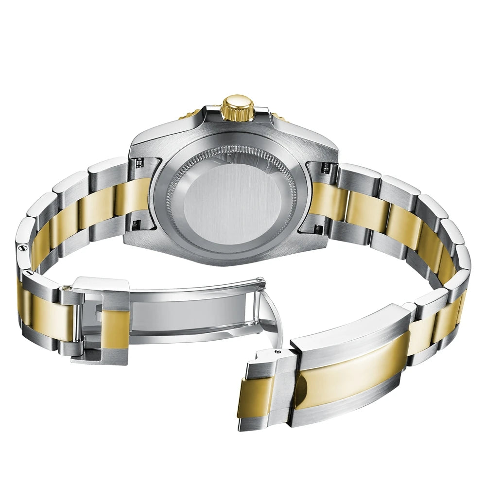 Montre de luxe automatique pour homme, modèle japonais NH35 MIYOTA 8215, bracelet en or bicolore, cadran bleu soleillé stérile, verre saphir