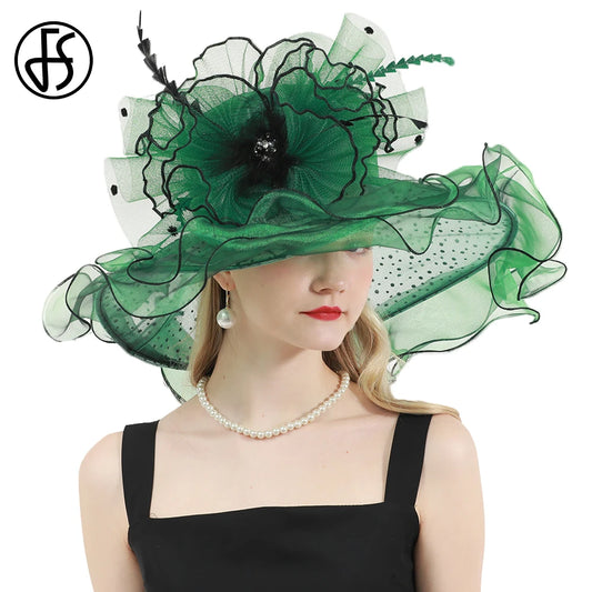 FS – chapeaux Kentucky verts pour femmes, en Organza à pois, pare-soleil, plumes, fleurs