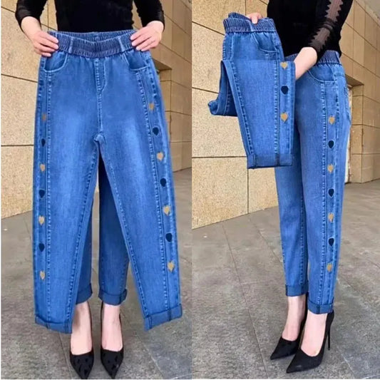 Jeans brodés élastiques taille haute 5XL Fashion Women