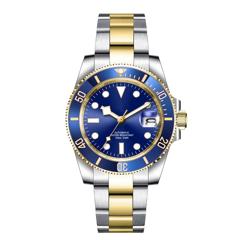 Montre de luxe automatique pour homme, modèle japonais NH35 MIYOTA 8215, bracelet en or bicolore, cadran bleu soleillé stérile, verre saphir