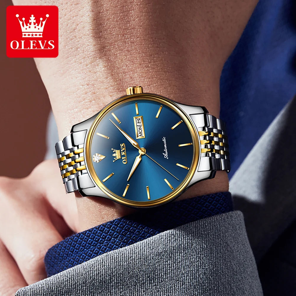 Montres de luxe originales OLEVS pour hommes, mécanique entièrement automatique, étanche, lumineuse, double calendrier, en acier inoxydable