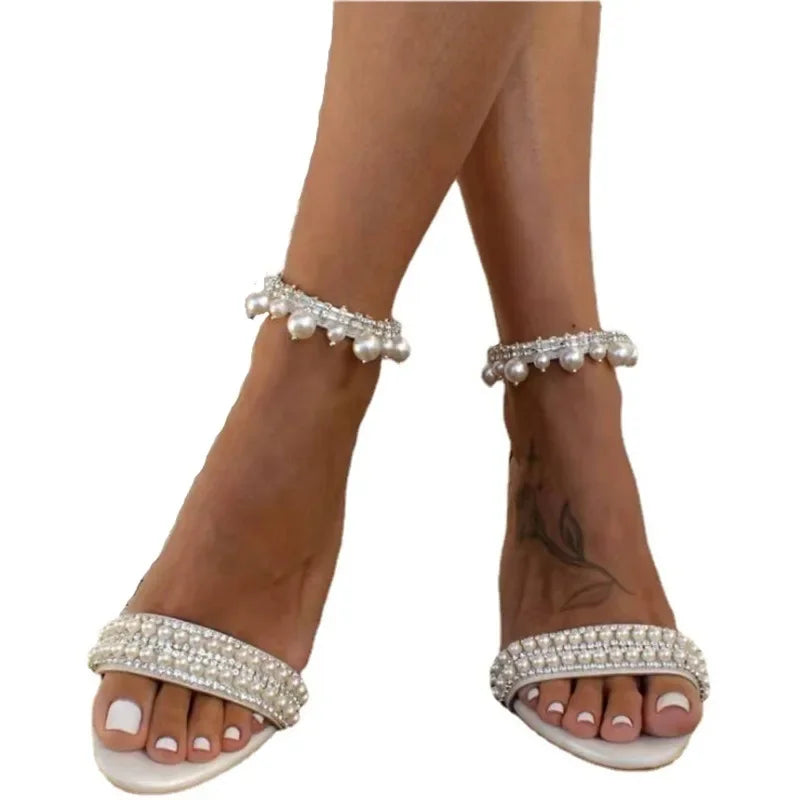 Perle talons hauts bout ouvert strass diamant sandales à talons épais chaussures