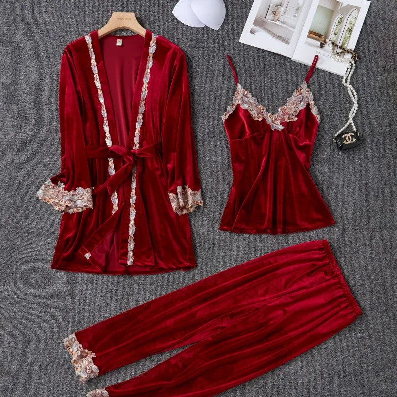 Ensemble pyjama 3 pièces en velours pour femme, robe de chambre, nuisette