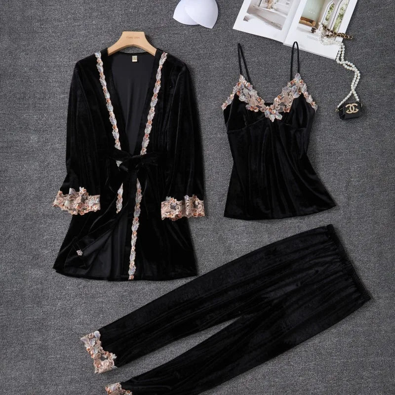 Ensemble pyjama 3 pièces en velours pour femme, robe de chambre, nuisette