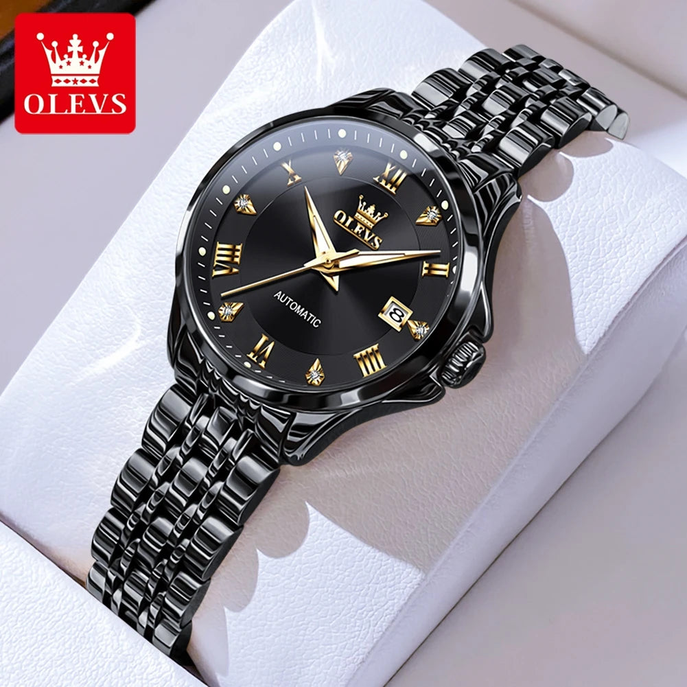 OLEVS 6702 Auto Date Mechanical Watch For Women Roman Scale Luxury Luminous Hand Clock Stainless Steel Waterproof Woman Watches