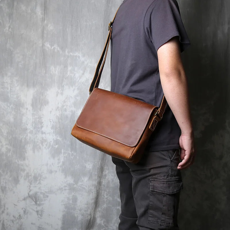 Sac à bandoulière rétro en cuir véritable pour homme, sacoche décontractée de grande capacité, style croisé