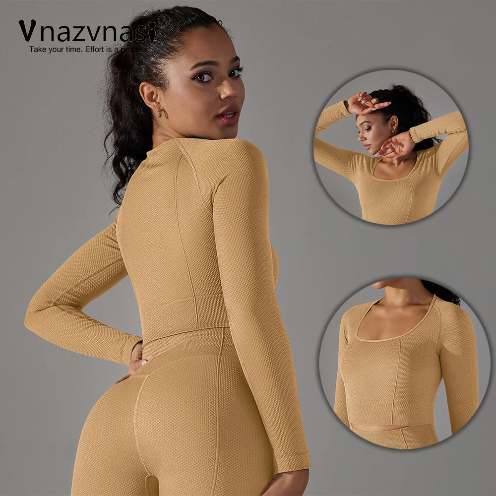 Vnazvnasi – haut de Yoga sans couture pour femme, chemises de sport courtes à manches longues pour Fitness