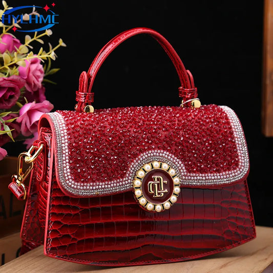 Sacs à main en cuir véritable, sacoche à bandoulière motif Croco, fourre-tout Portable à coque, diamants