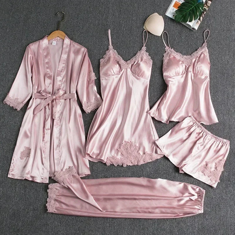 Ensemble de 5 pièces : nuisette sexy en soie, nuisette en dentelle et satin, débardeur à col en V,