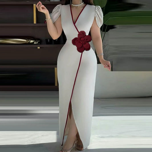 Robe de soirée d'été pour femme motif floral, col en V, manches courtes
