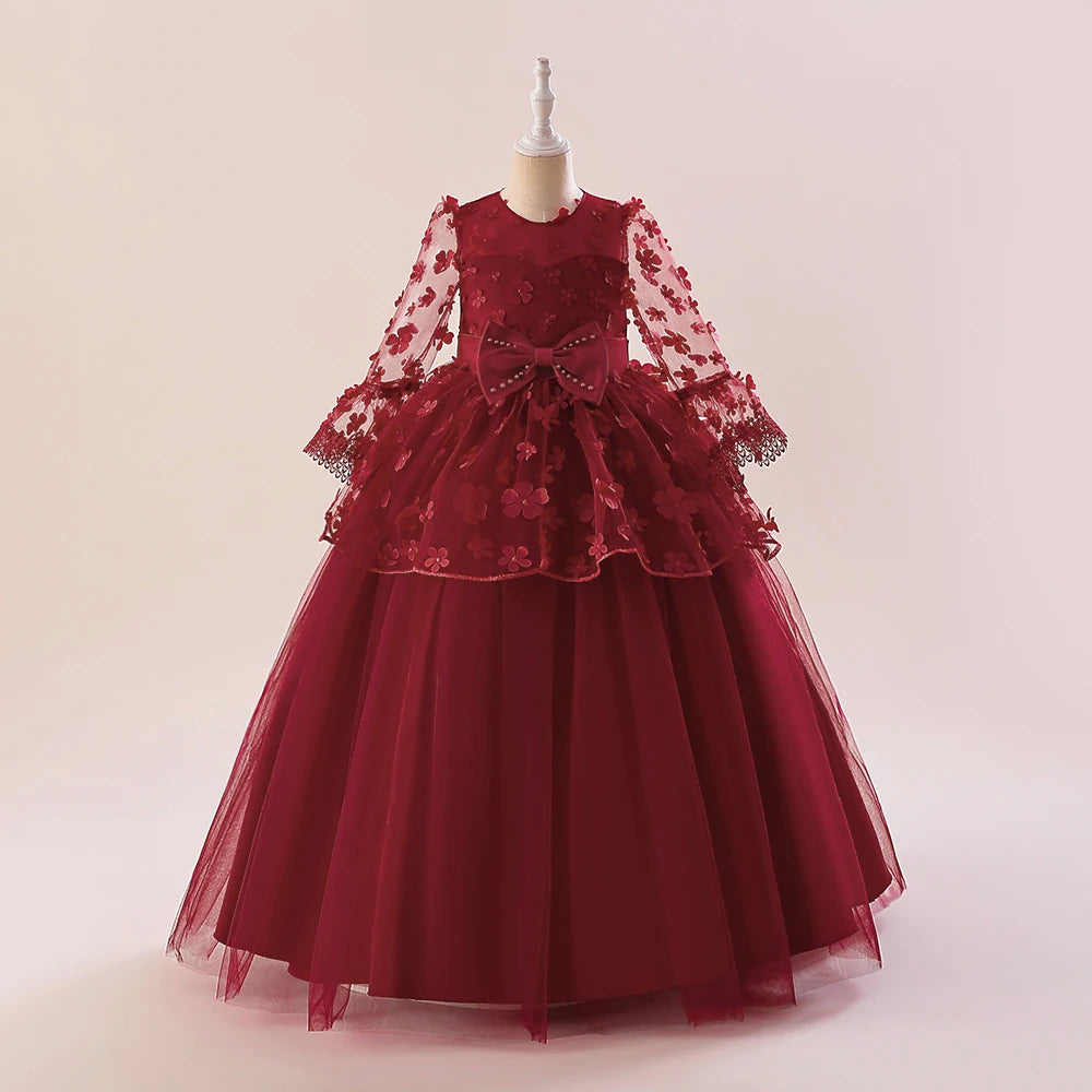 Robe de demoiselle d'honneur à manches longues pour enfant, élégante robe de princesse