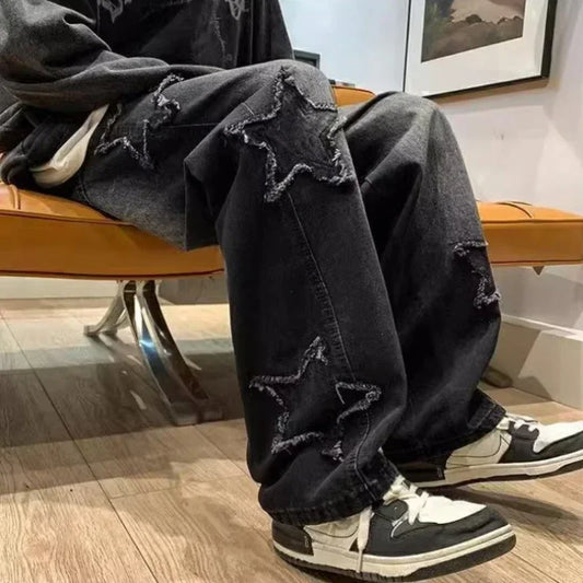 Broderie noir hommes jean Pantalon Y2K vêtements droit Hip Hop coton