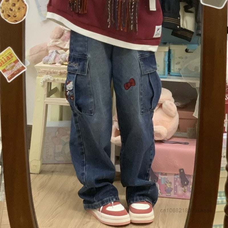 Sanrio Hello Kitty Y2k Denim vêtements femmes jean mode pantalon à jambes larges Streetwear