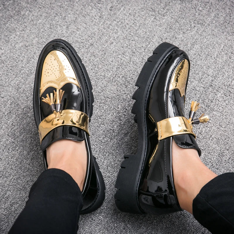 Chaussures en cuir brillant pour hommes, marque de luxe, haut de gamme, Patchwork doré