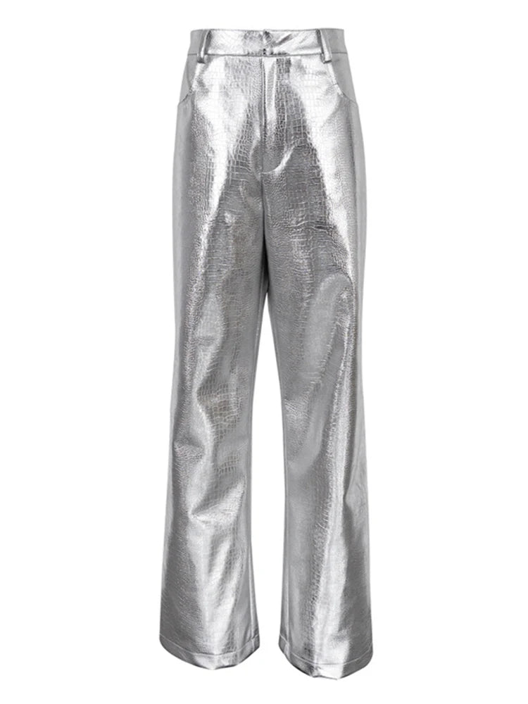 Mumaroho Streetwear pantalon de femme solide PU argent taille haute droite en cuir Y2K