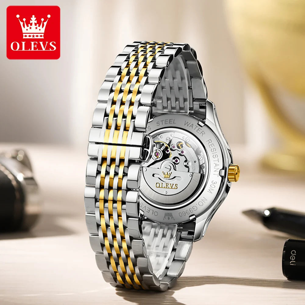 Montres de luxe originales OLEVS pour hommes, mécanique entièrement automatique, étanche, lumineuse, double calendrier, en acier inoxydable
