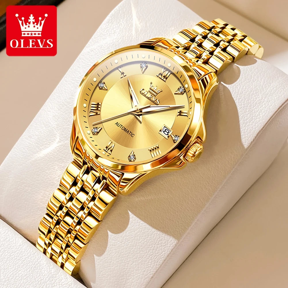 OLEVS 6702 Auto Date Mechanical Watch For Women Roman Scale Luxury Luminous Hand Clock Stainless Steel Waterproof Woman Watches