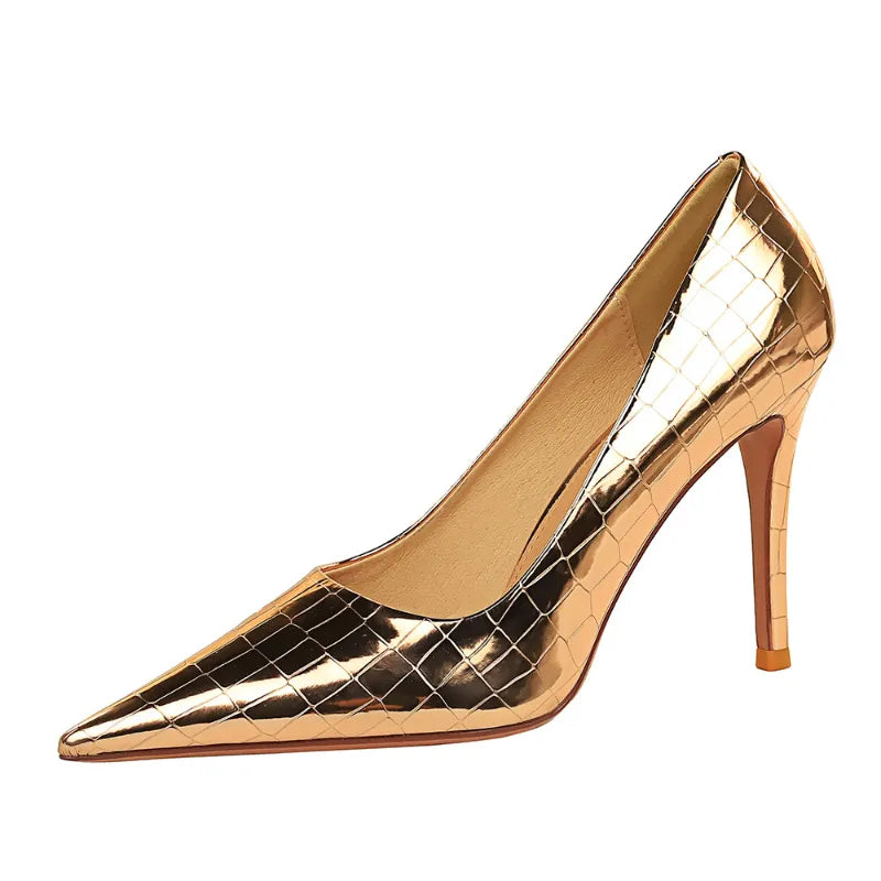 Chaussures de luxe Vintage Sexy talons hauts métal pierre motif talon aiguille exquises pompes bout pointu