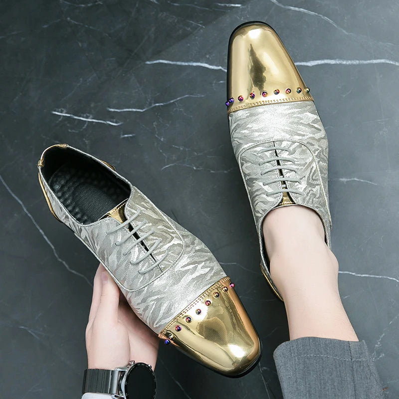 Chaussures de luxe britannique pour hommes en cuir doré et argenté, chaussures Oxford en cuir souple