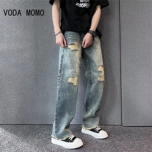 Streetwear déchiré jean femme baggy denim jean pour homme décontracté pantalon large