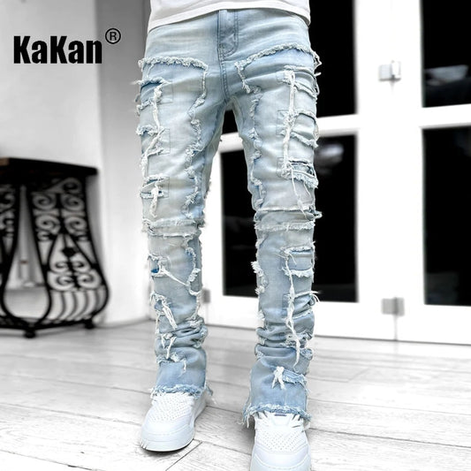 Kakan jean mi-épais avec patch extensible pour hommes, Long coupe droite High Street16-3001